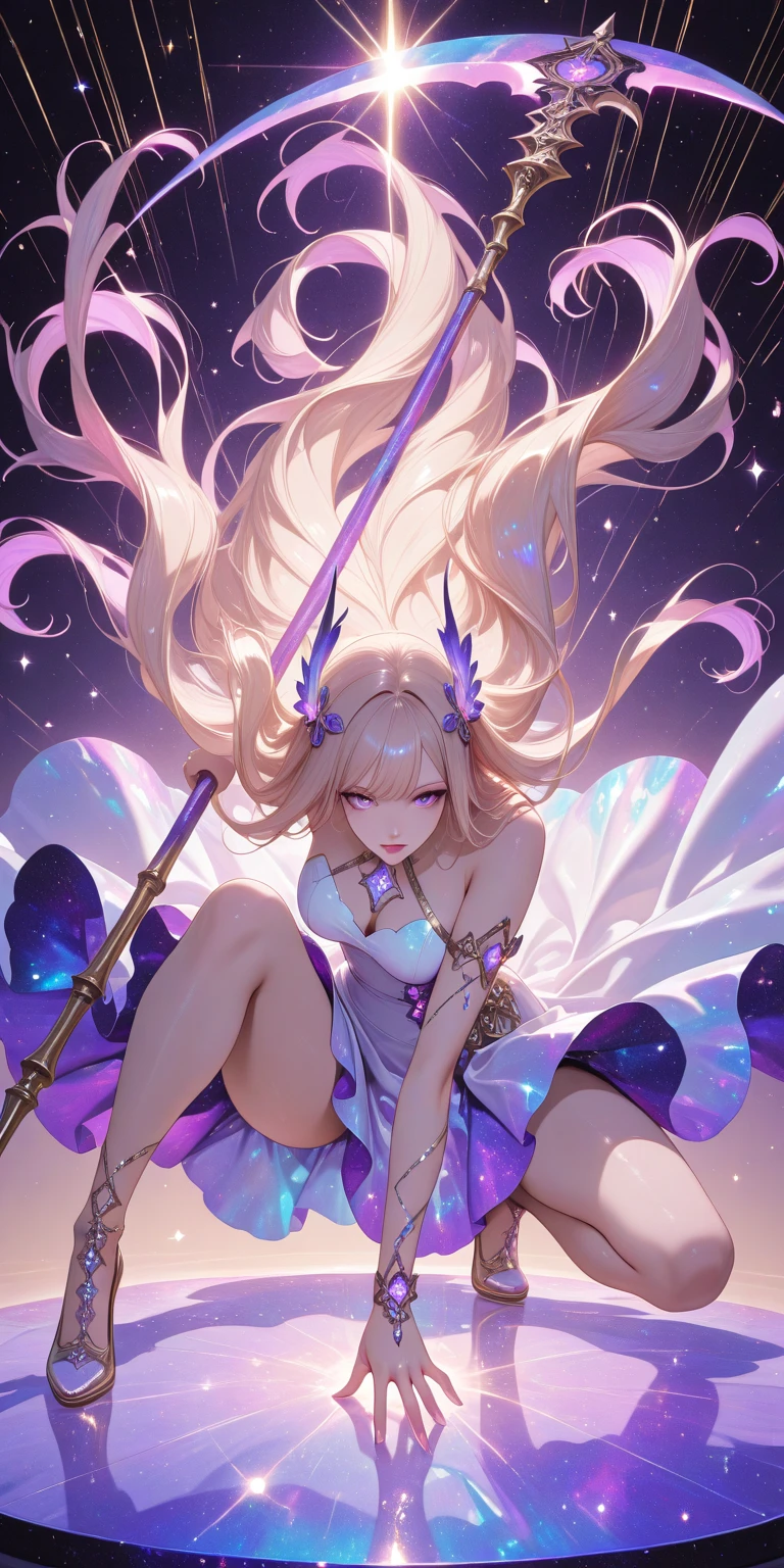 Girl, whimsical, glow, shine, dress, asymmetrical skirts, beige color, pink color, violet color, purple color, iridescence, super gloss, dynamic pose, dynamiv angle, Squatting on tiptoes with the head facing forward. Hand touch the floor.  Wielding great scythe, She poses playfully on one knee, reaching out with one hand while holding a scythe in the other., view from shoe, intricate hair ornaments, flowing hair movements, extra long hair, view from below