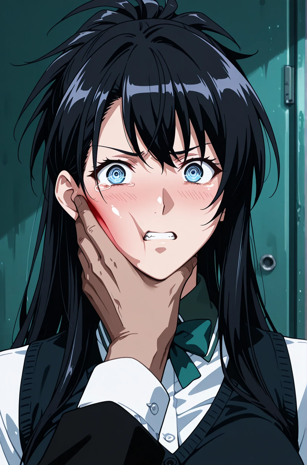 Anime scene, 1girl, highschool girl, covered in blood