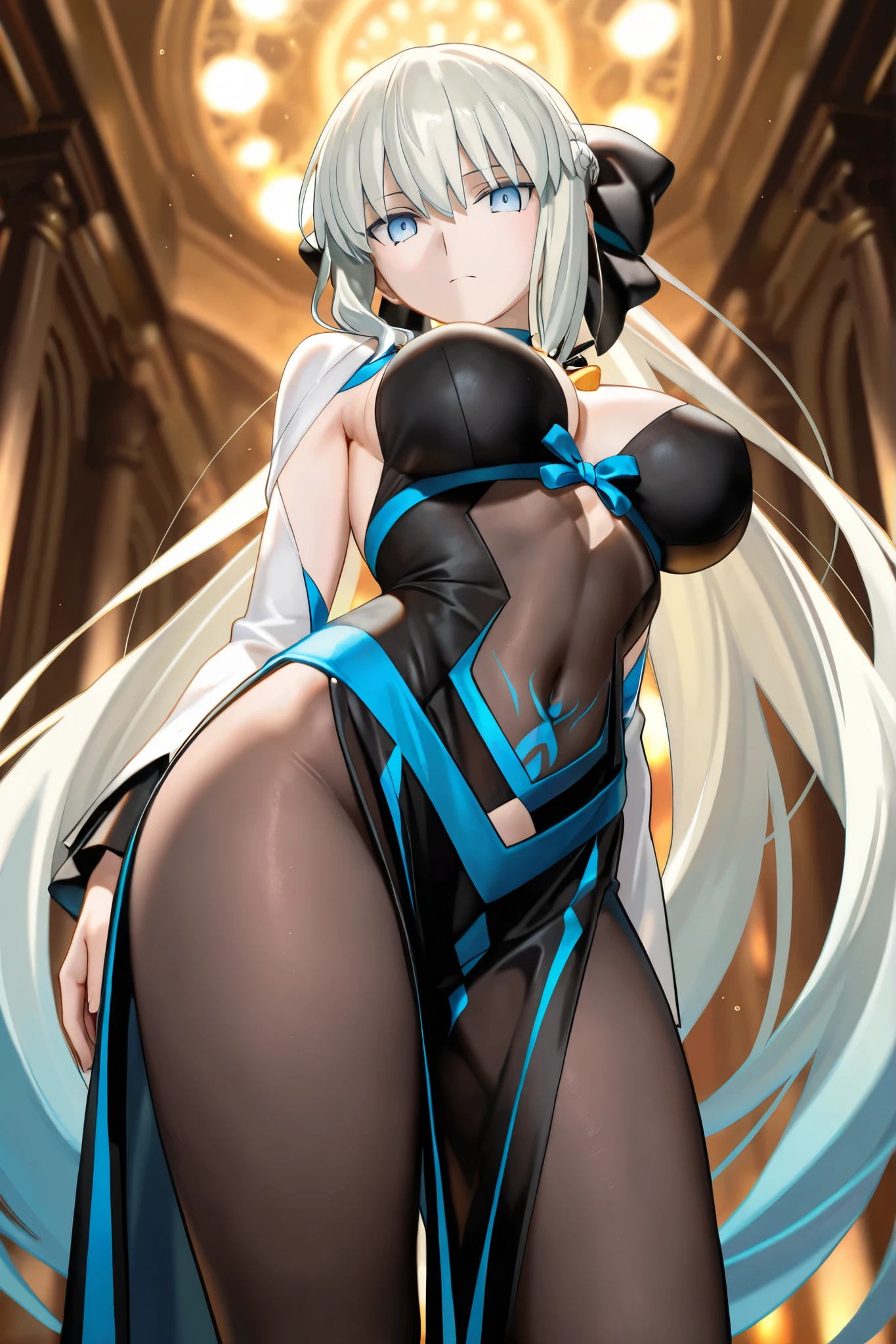 anime girl with blue eyes and a black dress posing for the camera, seductive anime girl, in dress, , beautiful anime girl, large breasts, triple D cup breasts, beautiful anime woman, beautiful alluring anime woman, blonde anime girl with long hair, anime girl wearing a black dress, guweiz on pixiv artstation, detailed digital anime art, top rated on pixiv