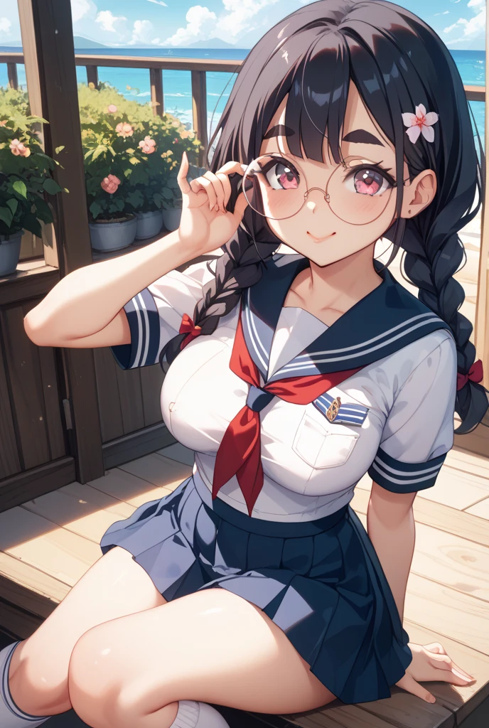 One girl, high school girl、(((リボン付きSailor suit))), Summer clothes、Wet and transparent、((Navy pleated ocks、loafers、ponytail、school bag)、My belly is visible through my clothes、cute, wonderful, Beautiful attention to detail, Iris, Black Hair, In detail, Depth of written boundary, Highly detailed CG, original, Highly detailed wallpaper, View your viewers, Detailed face, Cleavage, (Big Tits, Hard nipples)､Toned Abs, White skin, Realistic、(Cinema Lighting)、Detail emphasis, Beautiful lighting、(((Sailor suit))), Summer clothes、Wet and transparent, ((In the park after the rain))､Summer sunset､Realistic park､masterpiece, 最high quality, high quality, High resolution､ ((smile)),  smileで､((Upper body portrait))), ((Pause＿random))