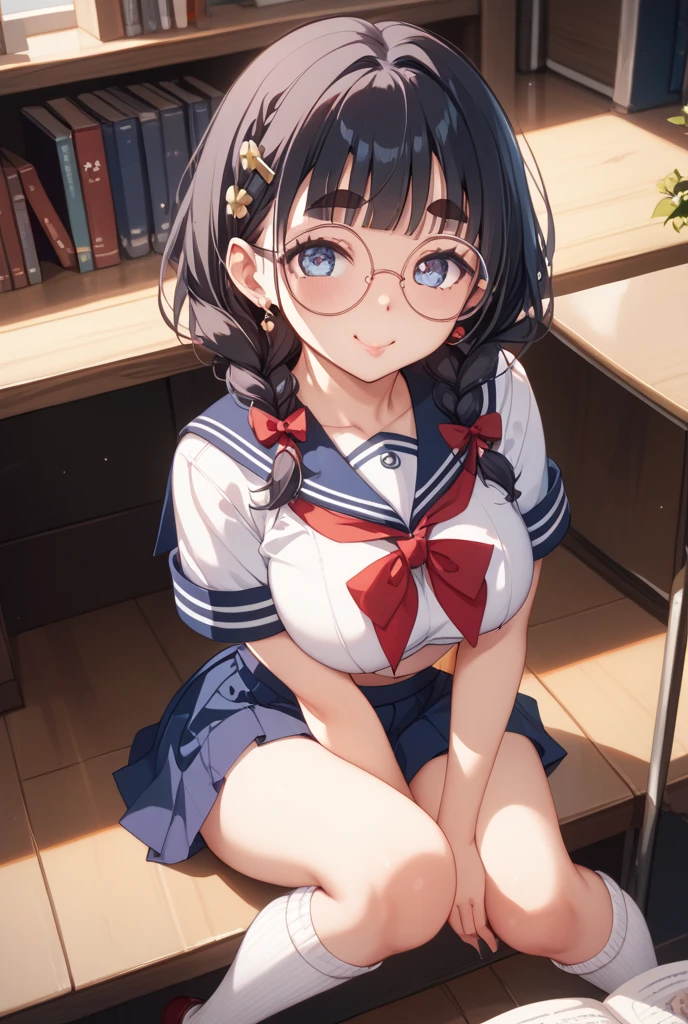 highest quality、High resolution、8K、cute beauty、detailed background、beautiful and detailed face、beautiful and smooth skin、skin texture、Beautiful age girl、(big breasts:1.4)、Cute character wearing a white sailor suit.。Uniform costume with white sailor collar and ribbon.。dark blue pleated mini skirt、Cute colored knee high socks、Cute Ponytail、cute glasses、sleeveless、pulling panties on classroom desk、(show panties)、(take off panties)、sexual expression