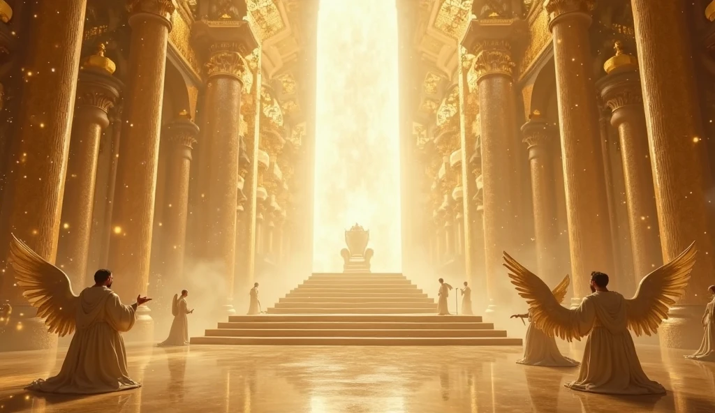 Straight path like transparent golden crystal, long white table with many chairs on each side and at the end a large golden throne with rays and flowers on each side of the path, rose, buildings with Mo the golden transparent glass, war angels on the sides with lots of light