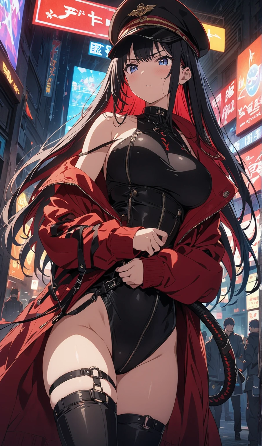 (masterpiece), best quality, expressive eyes, perfect face,high quality eye, clear eyes, red eyes, red eyes, standing in street, night time, perfect curvy body, big thighs, big calf, hd high quality image, 4k quality, fill size image, fill character, top to bottom, full size image, top to bottom, red angle strap heels, red angle strap heels, cleavage, cleavage, high quality, 4k black black tight legging, tattoo in navel, big bteasts, big thighs, big calf, big breasts, big legs, big breasts, big thighs
