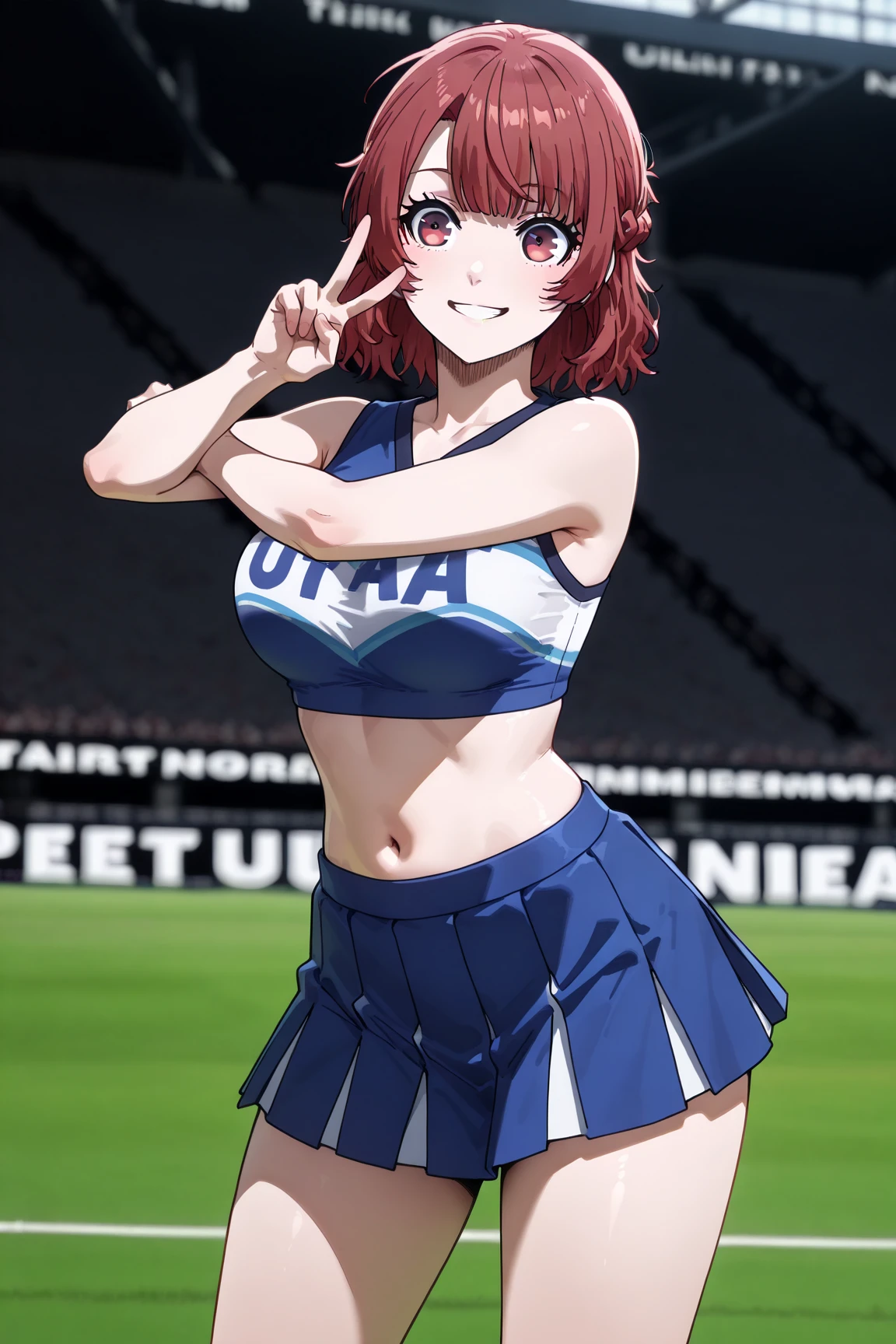 <lora:cheer_sd:1>, ch33r, 1girl, bare arms, midriff, red outfit, wristband, dark skin