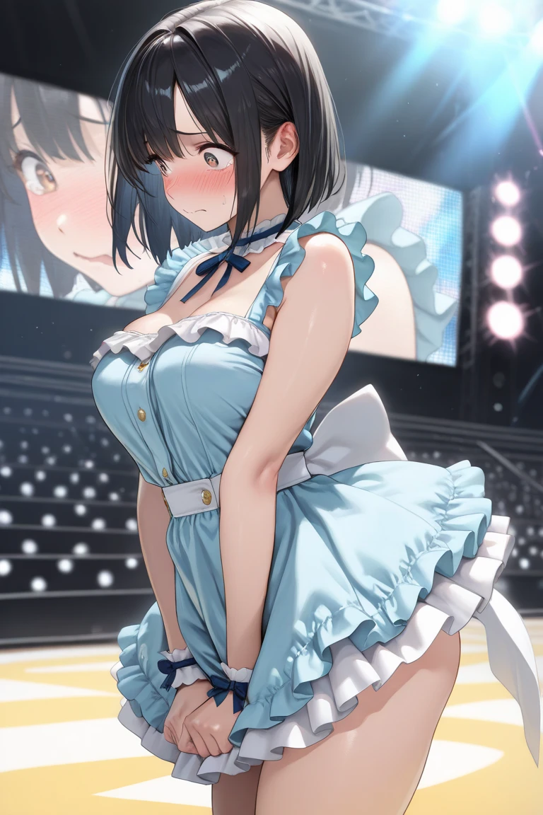 (Best Picture Quality, 4K, High Quality, Masterpiece:1.2), ((Masterpiece)), High Detail, High Quality, (HDR,16k, RAW Beautiful Girl Portrait, Best Picture Quality, Masterpiece:1.2), (Ultra-Definition Illustration), (nsfw:1.6), showing armpits, lying, open chest, (widely spread legs:1.2), race lingerie, (panty:1.7), idolmaster, idol costume, on the live concert stage, young teen, spotlight,Generate an image of an anime idol, (dark navy blue short straight bob hair) Make your eyes a deep blue。, extremely cute, sleeveless, detached sleeves, (orange gorgeous frilled dress with lots of flower stitches:1.3), do not use black on dress, tiara, pantyhose,