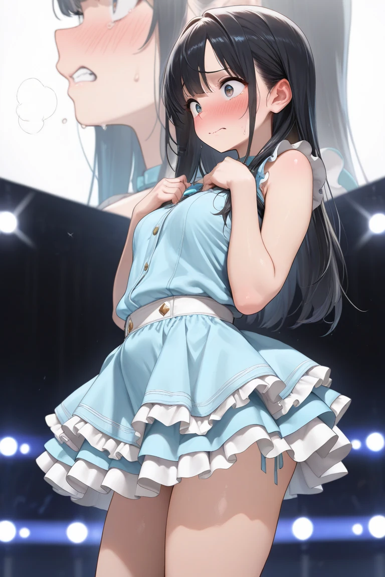 One Woman,20-year-old,((Magical Girl Costume)) ,(((Blushed))), )), ((()))((Mouth open)),(((Magical Girl Costume))(Happy Ahegao),Wet with sweat,(Black-haired,),((street,crowd,))(())