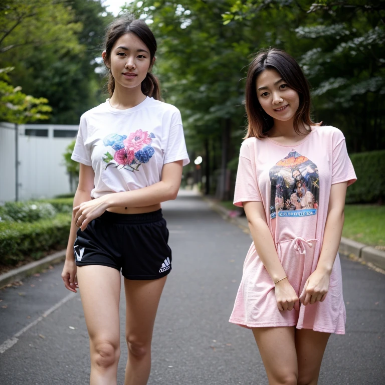 Masterpiece, a young beautiful girl, smiling, looking at the camera, standing in front of a clump of roses, wearing shorts and t-shirt, white sneakers. Wearing a top and shorts, flowers, full-body photo, casual pose, slender legs