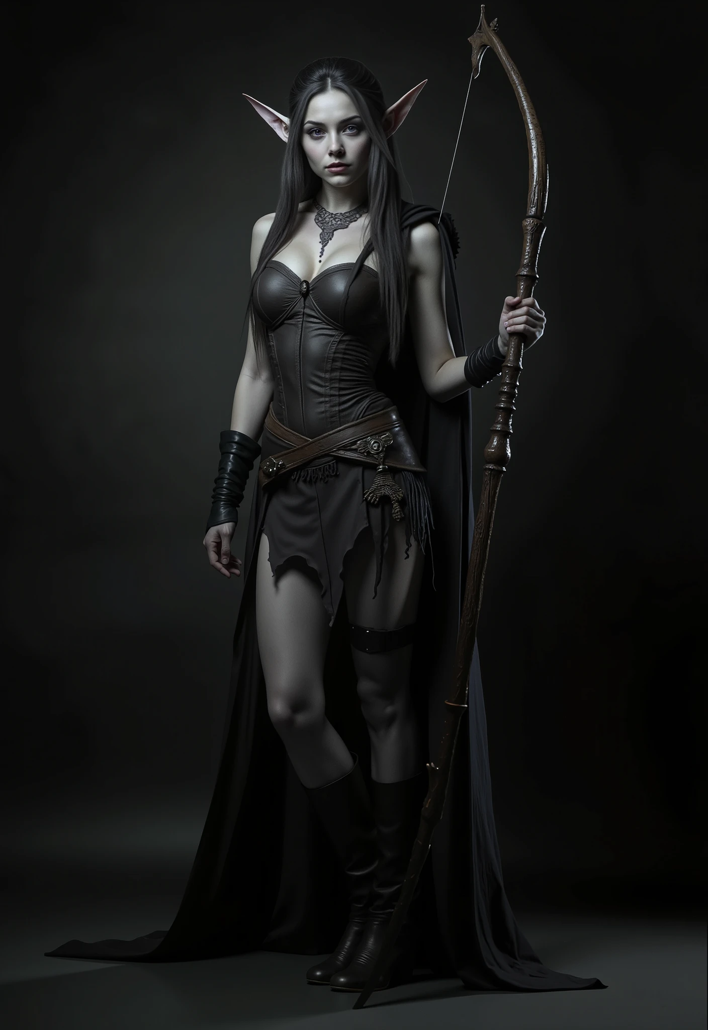 The Shadar-Kai woman is in the shade, looking at the camera. The purple iris of her eyes shines from the dark depths, contrasting with the pale ashen color of her skin, that maintains a uniform gray tone throughout her body, except where interrupted by a line of dark gray freckles that extends over her nose. Her ears are pointed, like those of many elves her wavy and long blue hair floats in the light breeze. She wears a brown leather corset with a wide neckline, a small black leather panties and dark boots that only reveal their arms and legs. A short cape flutters behind her in the breeze. In one hand she holds a heavy crossbow.