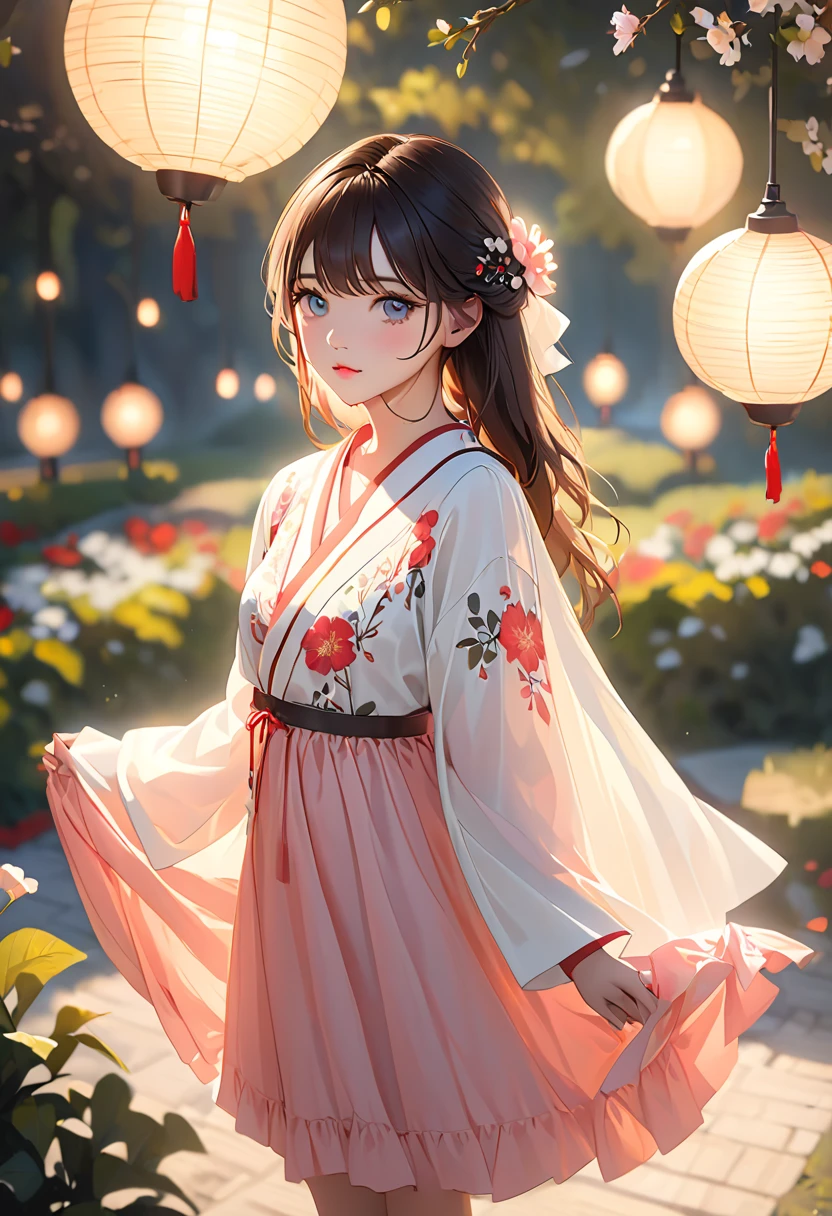 Masterpiece, Best quality, Night, full moon, 1 girl, Young woman, Chinese style, Ancient China, sister, Royal Sister, Cold expression, Expressionless face, Woman with long brown hair, Light pink lips, calm, Intellectual, tribelt, Gray pupils, assassins, short knife, flower ball background, Stroll through the street view