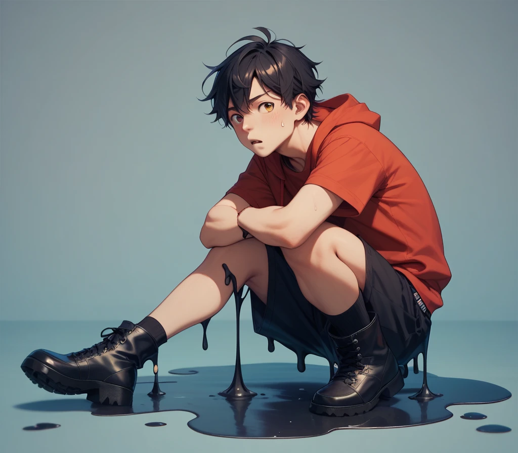 One ,Wear a red hoodie,Wear a red polka dot mini skirt,Black Hair,Red sneakers,Stand backwards,Concrete walls and floors,Outdoor,Stand with your feet apart,Grab the hem of your skirt,To pee,Spilling water from the crotch,There is a concrete groove at my feet,The girl is Korean.、Peeing,Peeing while standing