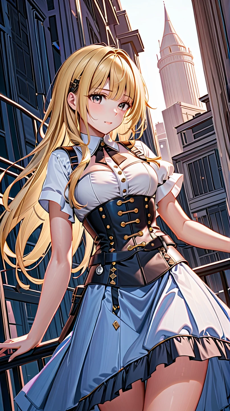 20-year-old girl, long blonde hair, blue eyes, angry expression, long dark blue skirt with gold embroidery at the hem, old-fashioned blue blouse with long fitted sleeves, adorned with red details, red leather gloves that reach her elbows, dark brown leather boots that reach mid-calf, leather belt adorned with a golden buckle and red details, her weapon is a huge greatsword with a gold and red decorated handle, hanging on her back in an ornate sheath.