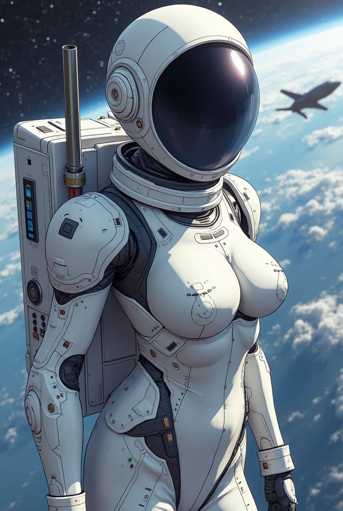 Geotech2099, African Amazonian Curvaceous big chested woman Astronaut wearing a white monobikini , big bubble but, in soho alley full of junk, junkcore, astronautpunk, wearing a aviator jacket that is full of collectors memorabilia, influenced by Greg Rutkowski painting style, with 3D render painting style of space exploration illustration ,photography by Mario testino, f/11, 80mm --auto --s2