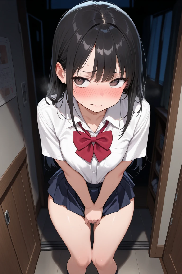 nsfw,suzune horikita, 1girl,1boy,(Red eyes:1.3),Rock Shade,cowboy shot,(Medium chest),Hair Ribbon,naked,(((1 boy, fellatio, penis))),Black thigh-high socks,(orgasm,pussy juice),short hair