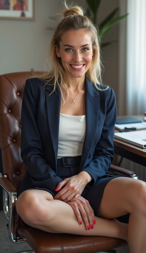 (masutepiece,High quality,16k:1.1),(depth of fields:1.3) ,((front body:1.35)), Ukrainian ,Woman, blonde,makeup,((business suit, black vertical striped pencil skirt )), voluptuous, thicc,(Looking at Viewer:1.3)(wetting herself:2.0),