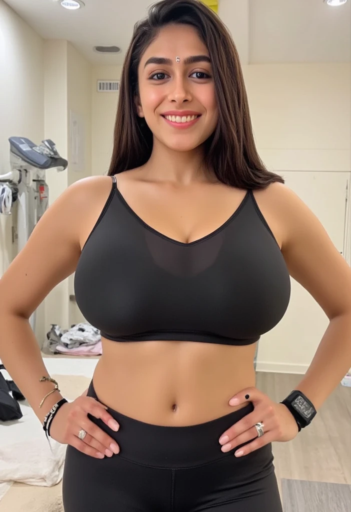 hispanic woman, wavy long dark hair, brown large eyes, photorealistic, smiling, wearing sexy sport bra and hotpan