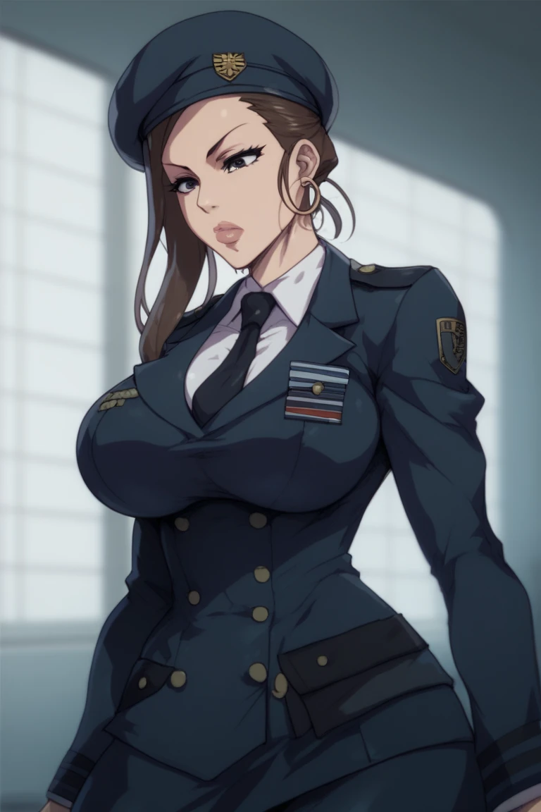 1girl, utsushimi kemii, boku no hero academia \\\\\ masterpiece, best quality, very aesthetic, absurdres, newest \\\\\\ slim body,///// ,by nyantcha,cutesexyrobutts , by khyle,,////// beautiful face, light brown hair ,plump and glossy lips, . , looking at viewer, close-up, dark brown eyes,, cap, black catsuit with blending patterned lines and a zipper running down the middle, left slightly down to reveal her cleavage. She wears white cuffs around her wrists,,standing, city,