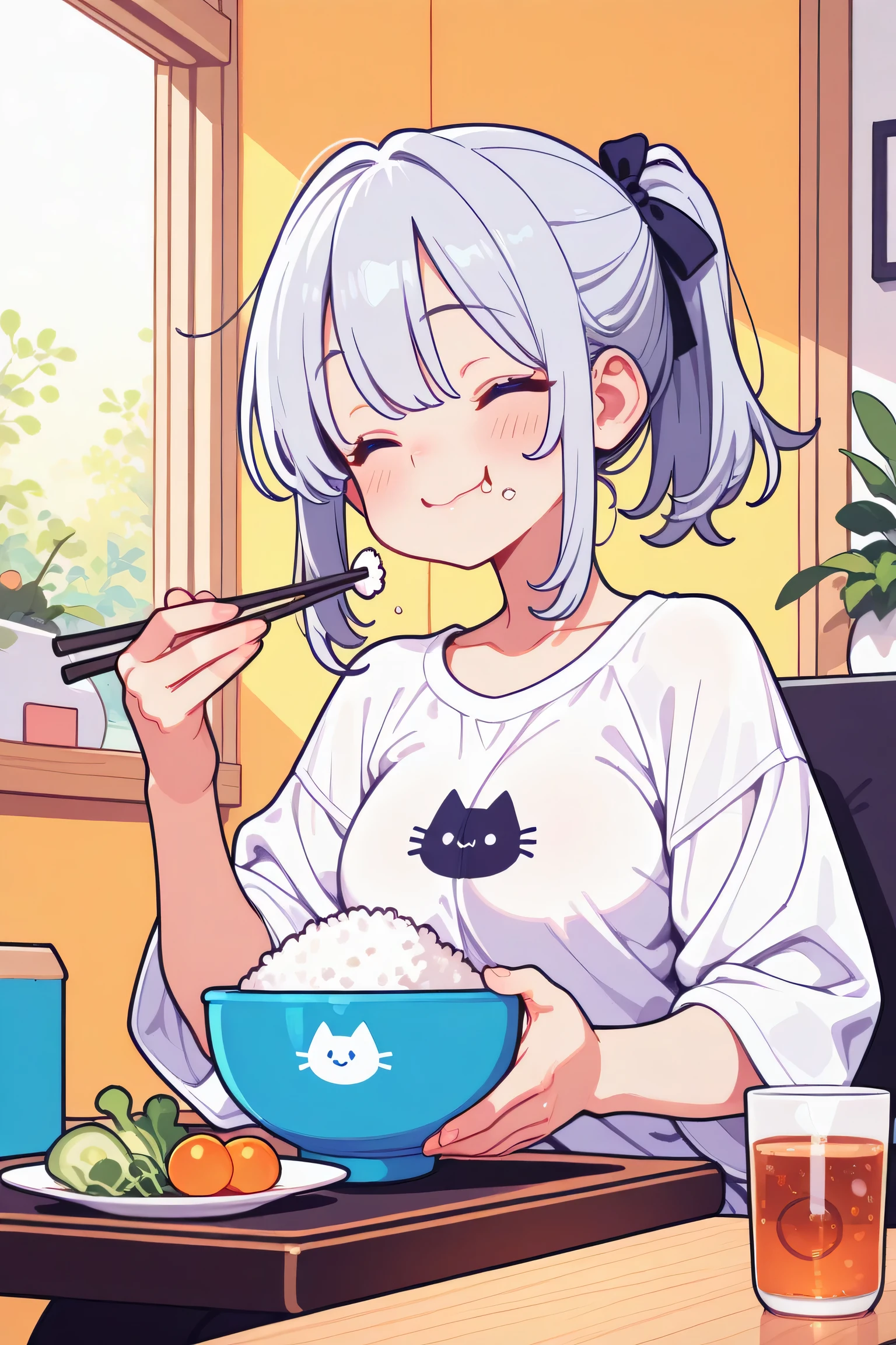 morning,indoor,a cute girl,silver hair,short ponytail with ribbon,big smile,happy,white shirt with cat print,
sitting,eating rice in a large bowl with chopstick,bowl with salad on table,a cup of cold tea,

((ultra detailed perfect piece)),illustration,masterpiece,(extremely detailed CG 8k),(very fine 8K CG) ,(masterpiece), (best quality), (ultra-detailed background), amazing, (absurdres, attractive),