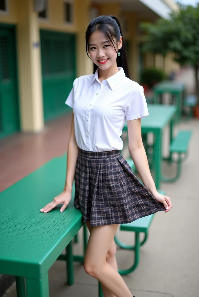 the Extremely Detailed CG Unity 8K Wallpapers、top-quality、ultra-detailliert、masterpiece、realisitic、Photo Real、extremely detailed cute girl、18year old、(High school student in Japan uniform)、red blush、cparted lips、looking at the viewers、Semi-body shot、(Scenery of the rainy season)、(Japan high school uniform and designated shoes)、(short plaid skirt:1.5)、(Short sleeve white shirt for students)、 (neck tie:1.2)、(light brown random hair)、(beauitful face:1.3)、(perfectly proportions:1.2)、(Long feet:1.2)、(small tits:1.3)、(Textured skin)、Looks Back、over the shoulder view、focused shot、((Blouse wet from rain、The brusher can see through))、(The bra on the back shows through)、smirk grin、(((wetting hair、wetted skin)))、((The upper part of the body))、Angle from above、((Sheer))