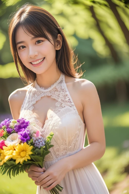 Medium breast、valley、A beautiful woman with a clear complexion、cute、smile、White see-through dress、Holding a bouquet、Medium breast、valley、A beautiful woman with a clear complexion、cute、smile、Upper body close-up、Grass garden in the background