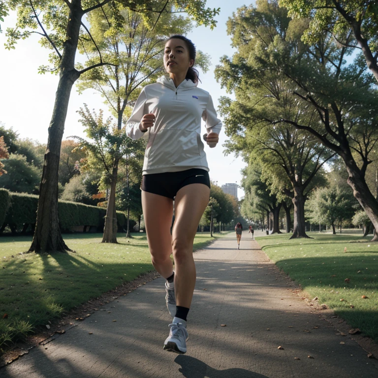 one girl, Asian, average Asian body, wearing sports bra, running tights, at a park, running, smiling, full body shot