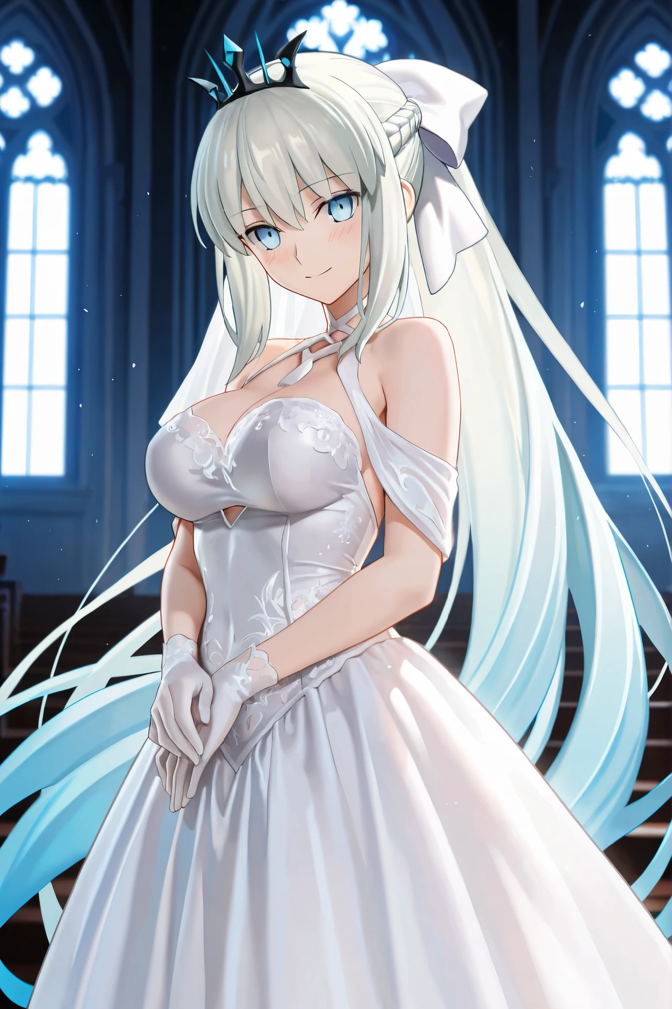 shiroko_bluearchive,beast ears,looking at viewer, little smile,pure white wedding dress, wedding ceremony, slim, dizzy, big-chest, perfect waist, day atmosphere, hair ornament, standing, upper body,