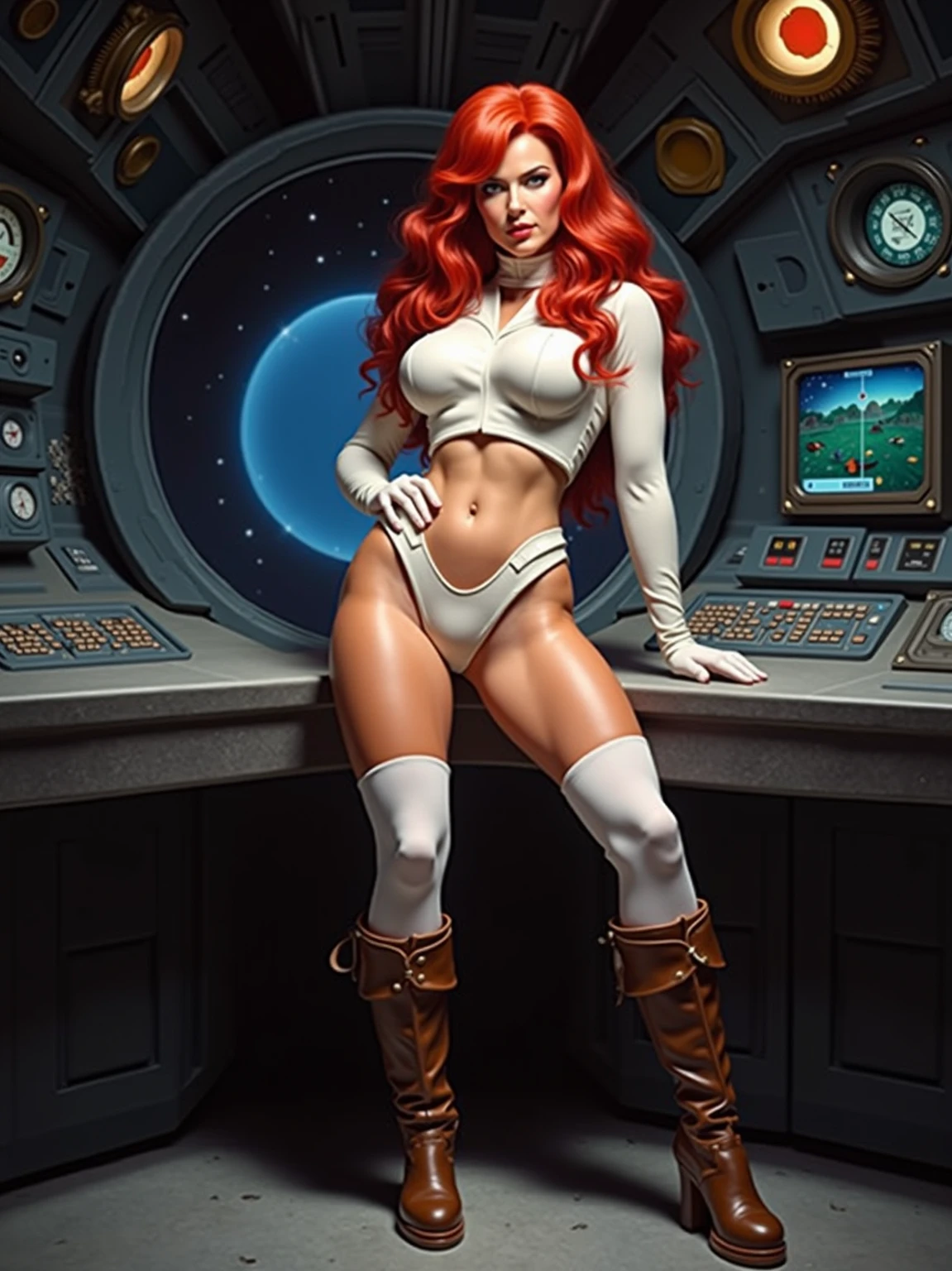 Captain Luna Nova, a stunning human female with a commanding presence, standing confidently at the helm of her starship. Her background as a former commando is subtly hinted at by the sleek, tactical boots that hug her legs and the strap of a concealed blaster peeking out from under her short, metallic skirt. Her attire is a deliberate blend of professionalism and risqué allure, with a cropped, star-emblazoned jacket that exposes her midriff and a daringly low-cut top revealing ample cleavage. The captain's flirty nature is evident in the playful wink she gives the camera, her hand resting on her hip. The starship's control panel reflects off her fishnet stockings, adding a scandalous edge to her ensemble. She wears a lacy, black lingerie set that is barely hidden beneath her clothing, with the tops of her stockings and a hint of her garter belt teasingly on display. Her hair is styled in wild, crimson waves that cascade over her shoulders, matching the bold streaks across her face. Her eyes are lined with shimmering, cosmic makeup that accentuates their seductive gaze. The bridge's ambient lighting casts a soft glow on her bare skin, emphasizing her toned physique. Captain Nova's love for showing off is unmistakable, as she leans slightly forward, allowing a glimpse of her lingerie through the open jacket. The scene is filled with an air of power and sexual tension, as the captain of this intergalactic vessel clearly knows how to command attention both in the heat of battle and in the realm of desire.