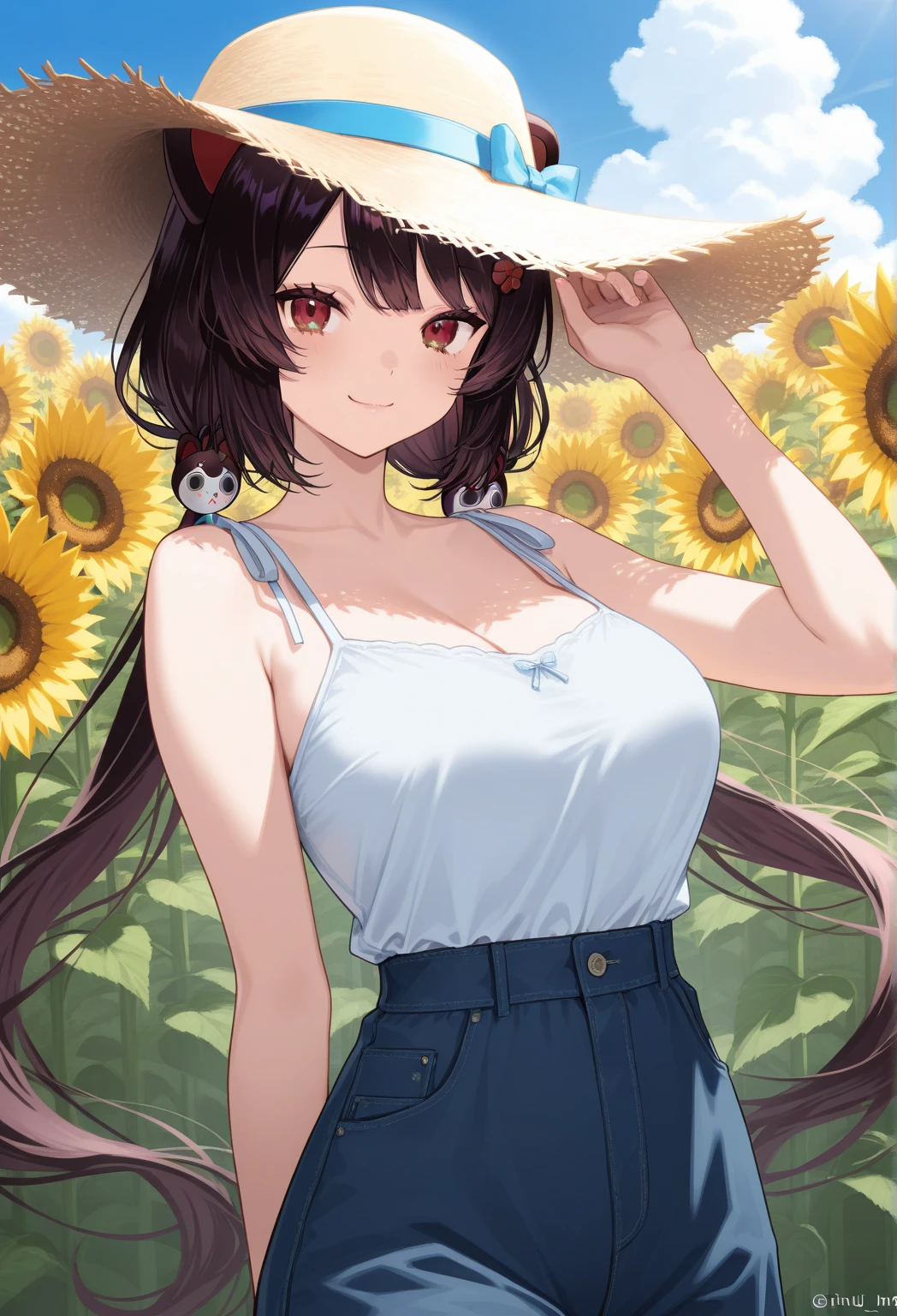 ((masterpiece)), ((best quality)), (ultra-detailed), ((kawaii)), cute, (lovely), ((sexy)), (ero), ((extremely detailed)), 4K, (8K), best quality, (beautiful), anime style, dynamic angle, upper body, folding arms, colorful, full body focus, sunflower, beautiful sky, summer, a cute girl, 1girl, solo, one-piece dress, beautiful light brown hair, beautiful purple eyes, ((beautiful eyes)), white-skinned, long hair, large breast, straw hat, horseshoe-shaped hairband, necklace, light smile, blush, lens flare, wind effect