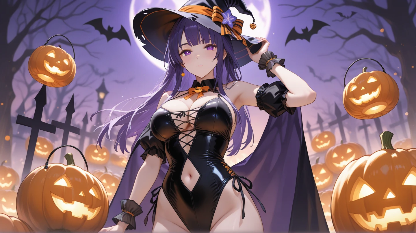 1 girl, game CG, orange bikini, orange short skirt, black witch hat, cloak, hair ribbon, gigantic breasts, light purple hair, long hair, french braid, purple eyes, smile, one arm raised, night, amusement park, Halloween background,