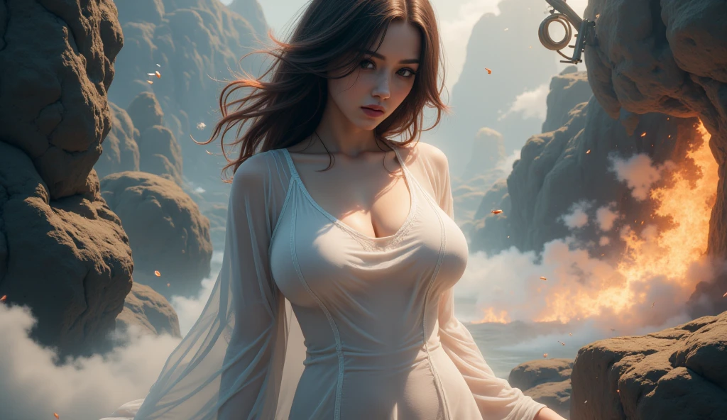 a woman with flowing sheer silk clothes, yelling as she summons a dragon ball, blasted moonscape, highly detailed, 8k, photorealistic, cinematic lighting, dramatic, powerful, energetic, athletic, young female, detailed face and eyes, flowing hair, dramatic pose, powerful energy, dragon ball, blasted moonscape, dramatic sky, glowing energy, cinematic, epic, stunning, masterpiece