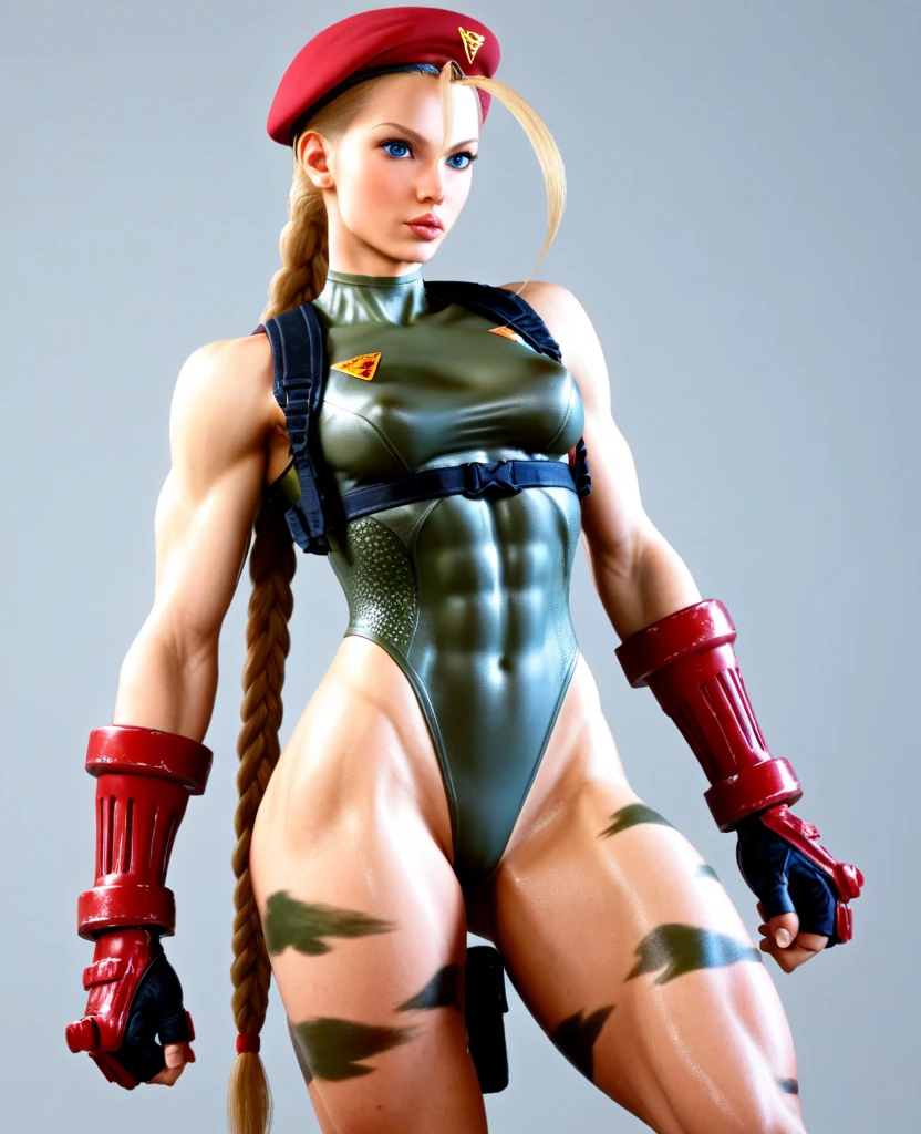 Digital illustration featuring a dynamic and action-oriented pose of a female character Cammy White . The character has light skin, blue eyes, and long blonde hair styled in two braids. She is wearing a red cap with a triangular logo, a green leotard, red fingerless gloves, and black combat boots. The background is a gradient from black to dark gray, enhancing the focus on the character. The character's expression is intense and determined, and her pose suggests agility and readiness for combat. The overall style is reminiscent of video game or comic book art, with detailed shading and highlights that emphasize the character's muscular build and movement. anime, anatomically correct, super detail, high quality, 4K
