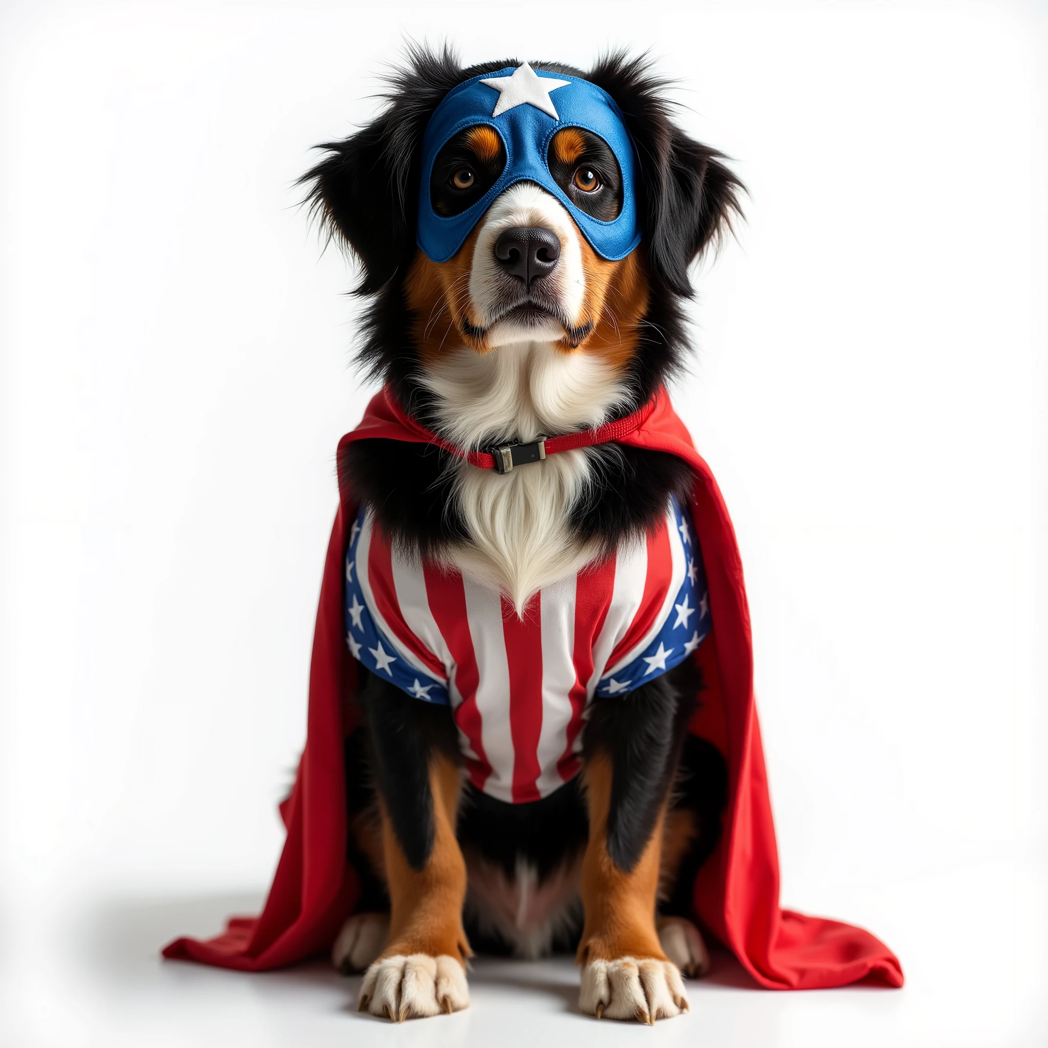 Photorealistic image of a Bernese Mountain Dog wearing a patriotic superhero costume inspired by the American flag, standing proudly on a white background. The costume includes a red cape, blue mask with white stars, and striped outfit in red, white, and blue. The dog looks confident, like a hero, with detailed fur, sharp focus, and studio lighting. DSLR photo quality.