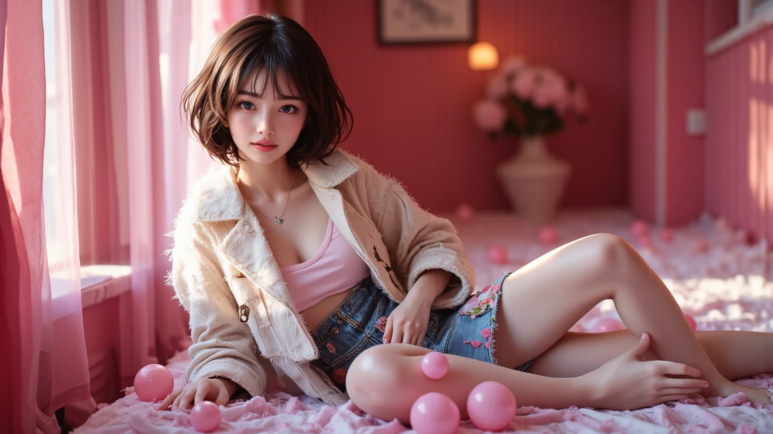 Top Quality, Masterpiece, High Resolution, 8k, ((2 cute barely legal girls kissing in a light pink blue open shiny puffer with plunging neckline, short sleeves, wide neckline, deep neckline, small perky breasts, extremely detailed face, detailed slightly open eyes, beautiful detailed lips, short asymmetrical pixie hair, small hips)), in a spaceship, on bed, intricate details, at night, backlit, random neon color, full body shot, view from distance, random pose