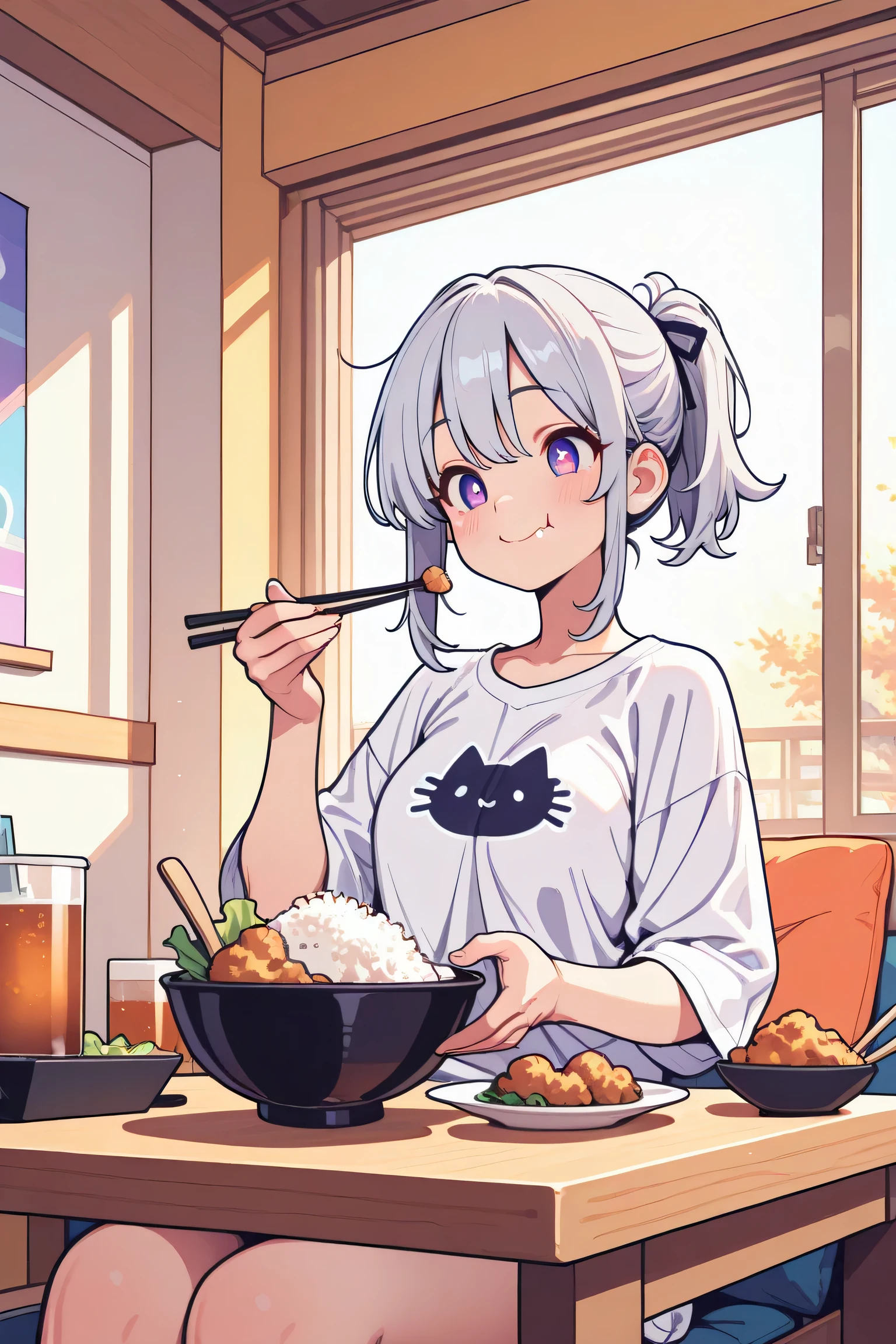 morning,daylight,indoor,a cute girl,silver hair,short ponytail with ribbon,big smile,happy,white shirt with cat print,
sitting,eating rice in a large bowl with chopstick,bowl with salad on table,fried chicken with mayonnaise on a plate,a cup of cold tea,
((ultra detailed perfect piece)),illustration,masterpiece,(extremely detailed CG 8k),(very fine 8K CG) ,(masterpiece), (best quality), (ultra-detailed background), amazing, (absurdres, attractive),