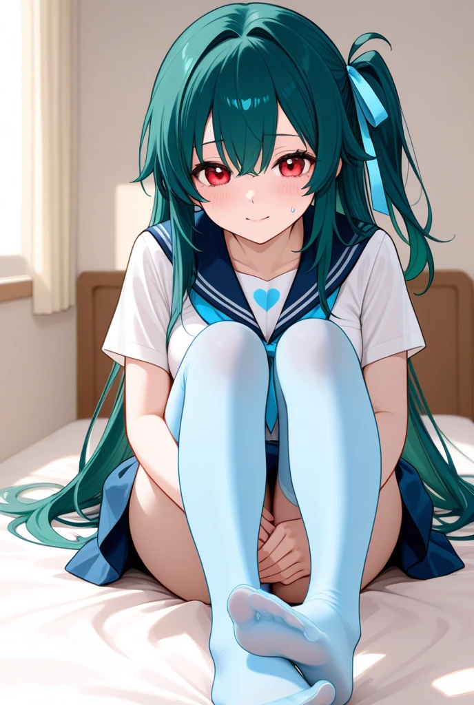 One girl, masterpiece, cute girl, spread pussy, no panties, lying, spread legs, light green hair, sailor suit, blue sailor skirt, white over knee socks, long hair, pussy juice, detail, 4k, sexy, good pupil, 4k, detailed
