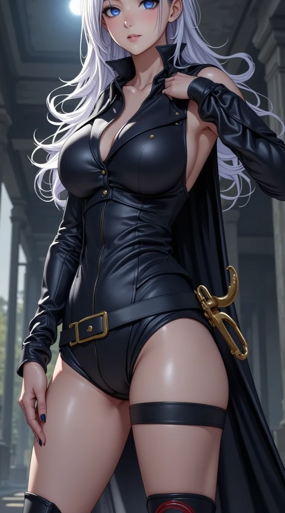 Masters of Animation, A perfect masterpiece, On a snow-white background、Cool outfits, Sexy and modern clothing、Sexy mature modern woman standing, Flowing silver hair, Twin tails，Full Body Stand Posture, Thin legs, Large Breasts, Detailed facial details, Natural and beautiful standing posture, Crisp and realistic body detail,(Browsing Caution:0.9)