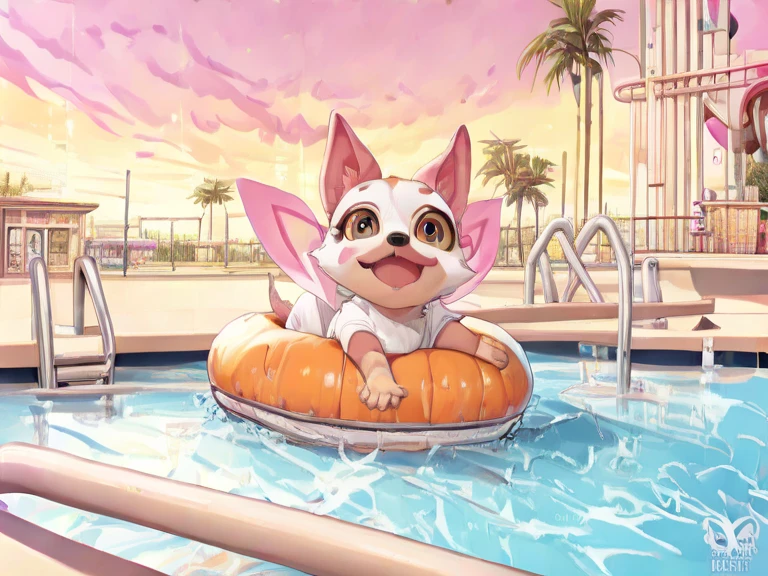 Female, mobian, Vaporeon, pale purple eyes, furry, smiling expression, red lifeguard leotard, hair bangs, ponytail, light teal muzzle, light teal fur, cuffs that look like life preservers, and scrunchy that looks like a life preserver