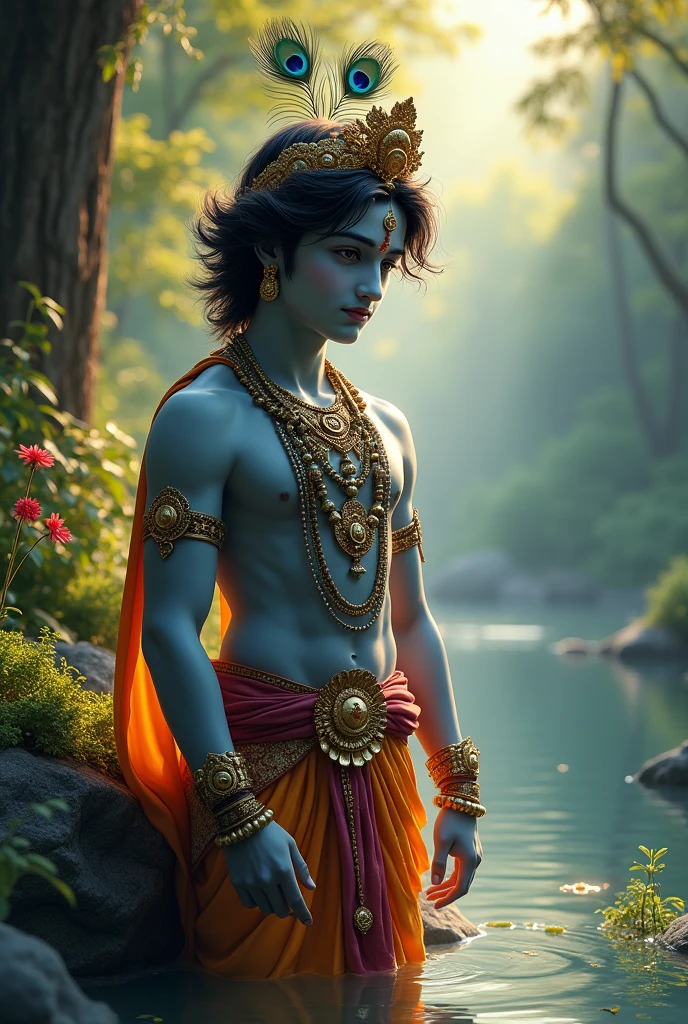 generate a krishna god realstic and vibrante color (( back to the sun light refect to the body shadow))