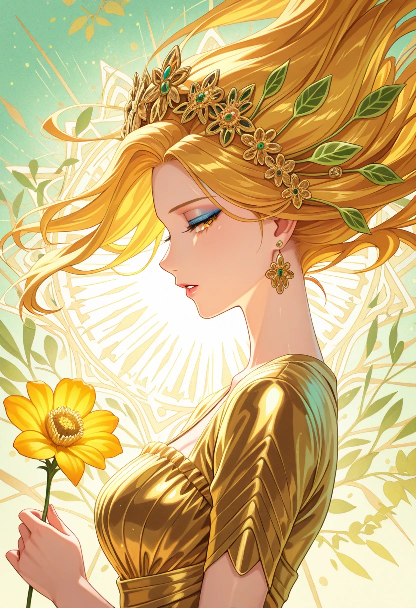 Woman in golden braids painted by Mucha and Monet、sunflowers、an lingerie