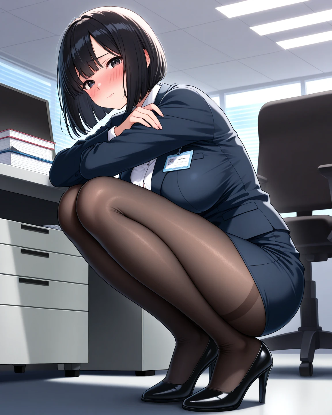 (((contrapposto、hands on hips、sit on a sofa、furious、from below:1.3)))、detailed hair、Flat Lighting、sexy pose、best quality、intricate detailed、Hyperrealistic), absurd res, perspective, highly detailed, detailed background, illustration, 1girl, perfect hands, detailed fingers, beautiful detailed eyes, perfect eyes, seductive eyes, (medium chest), milf, mature woman, brown eyes, CEO, (office clothes:1.2), flare skirt、pantyhose, a woman in the office room、bob cut
