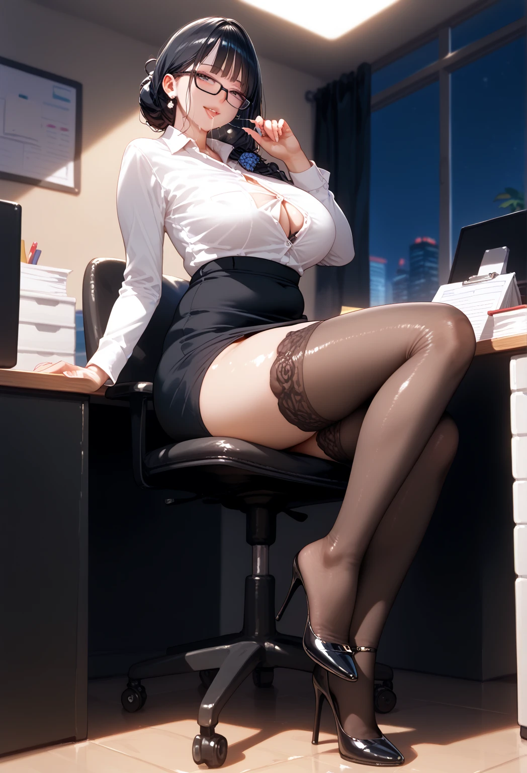 ((Correct Anatomy)),((Sit in an office chair)),((Cross your legs)),((((Black Stockings)))),((Beautiful feet)),((A shy smile)),((Lacy white panties)),((Office Costume)),((White blouse)),((Office Uniforms)),((Pleated mini skirt)),Ultra-high resolution,Mature Woman, Mature Woman, Very detailed,Extremely fine skin,Beautiful Skin,((Sweating all over the body)),(Big Breasts),((Beautiful legs)),Perfect hands, Detailed fingers, Beautiful details, ((Long Hair)),((ponytail)),Black choker, Earrings,High heels,High rise office building,Perfect Eyes, Captivating eyes