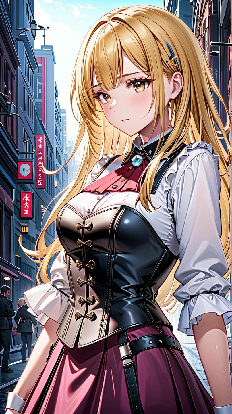 (8k, best quality, masterpiece:1.2), ultra-detailed, (high brightness:1.3), (high contrast:1.1), (high saturation:1.1), (anime screencap:1.20), 1girl, solo, (((ZaraDueKC))), ((long hair:1.2)), ((blonde hair:1.5)), ((hair ornament:1.5)), ((Detailed details eyes:1.5)), (mini) hat, (white) shirt, (((off shoulder shirt:1.10))), (long sleeves) shirt, (((white corset:1.10))), ((red ascot:1.10)), (((red miniskirt:1.20))), bridal garter, anchor, clothing cutout, ((cute smile, happy)), BREAK, (((large breasts:1.20))), (puffy nipples:1.10), (large areola:1.10), (((((covered nipples:1.30))))), (((cleavage:1.10))), (((cowboy shot:1.10))),