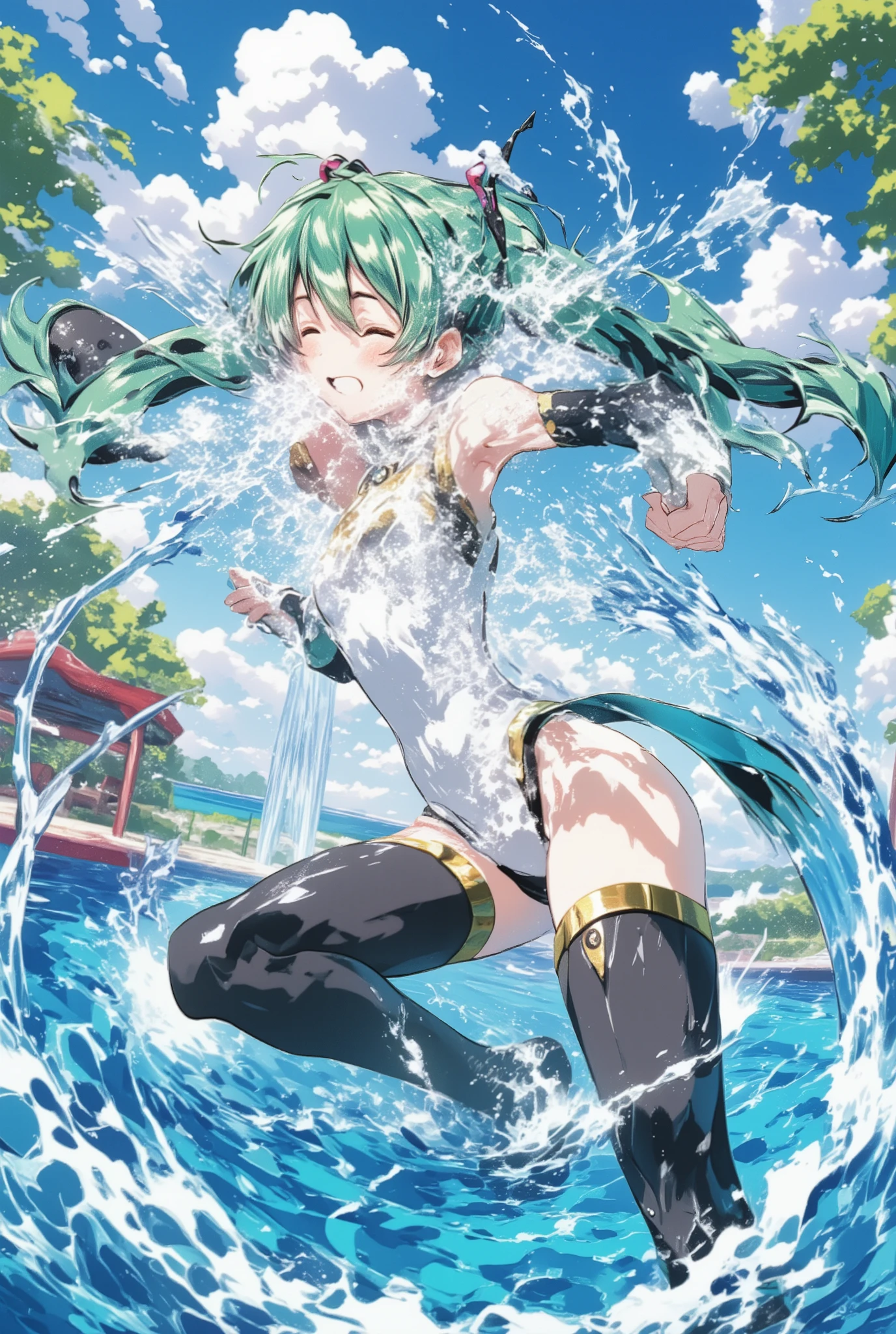 Highest quality、masterpiece、beautiful、detailed、Year: 12、Black hair twin-tailed female elementary school student、beach、Pouring sunlight、Dynamic pose、Spraying water with a water gun、Angle from below、smile、Slim figure、Soaking wet、erectile nipples、open vagina、pussy cum