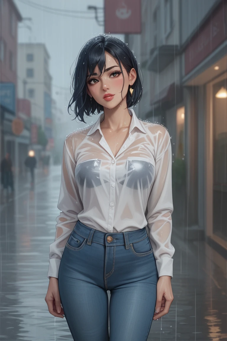((top quality, 8k, masterpiece: 1.3)), Sharp Focus: 1.2, Beautiful woman with perfect body: 1.4, Slim abdomen: 1.2, ((Layered haircut, big: 1.2)), (No bra) (Small and beautiful hard (Thin moist buttons up to shirt length: 1.1), (White shirt wet from rain), (Rain, street: 1.2), Wet body: 1.1, Highly detailed face and skin texture, detailed eyes, double eyelids, white skin, sexy, thin underwear, keri