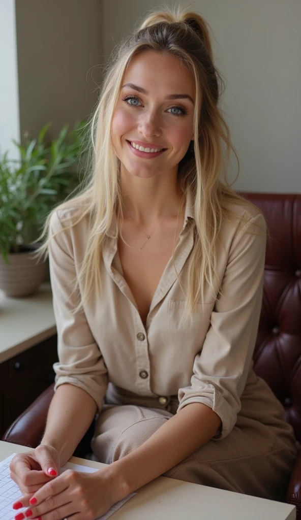 une femme blonde de 23 ans assise à la terasse d'un restaurant en début de soirée, photoréalisme, Cheveux blonds avec des racines châtain clair, cheveux blond, Cheveux avec des racines brunes, cheveux très longs, yeux bleus, Belle femme souriante, vue de face, Gros plan sur le visage, chemise blanche élégante, short en jean bleu sexy, haute qualité, selfie, chemise blanche élégante