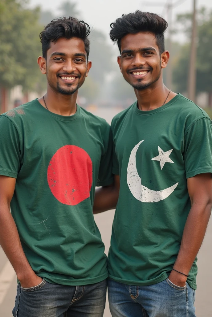 Two friends wearing t-shirts of Pakistan and Bangladesh together