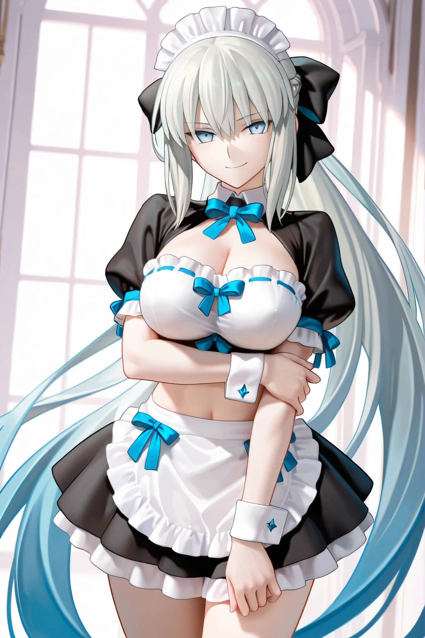 (cleavage:-1), insanely detailed, absurdres, ultra-highres, ultra-detailed, best quality,
1girl, solo, nice hands, perfect hands,
BREAK
(fusion of black mourning-dress and black wedding dress:1.2), (gothloli dress:1.3), (light-blue and black theme:1.3), ((black mourning-veil, black see-through wedding-veil):1.5), ((black latex corset, light-blue breast-cup):1.4), (short puff-sleeve:1.3), ((white collar, tie-bow):1.3), ((ruffle-skirt, multilayer-skirt):1.4), ((stockings, garter belt):1.3), (see-through long gloves:1.3), (blue rose decoration on head:1.3), (high heels:1.1)
BREAK
happy smile, laugh, open mouth,
standing,own hands together,
from side, cowboy shot,
BREAK
slender, kawaii, perfect symmetrical face, ultra cute girl, ultra cute face, ultra detailed eyes, ultra detailed hair, ultra cute, ultra beautiful,
BREAK
cityscape in tokyo, ultra detailed background, blue sky, bay side, panorama view,
(cleavage:-1), white hair, blue eyes