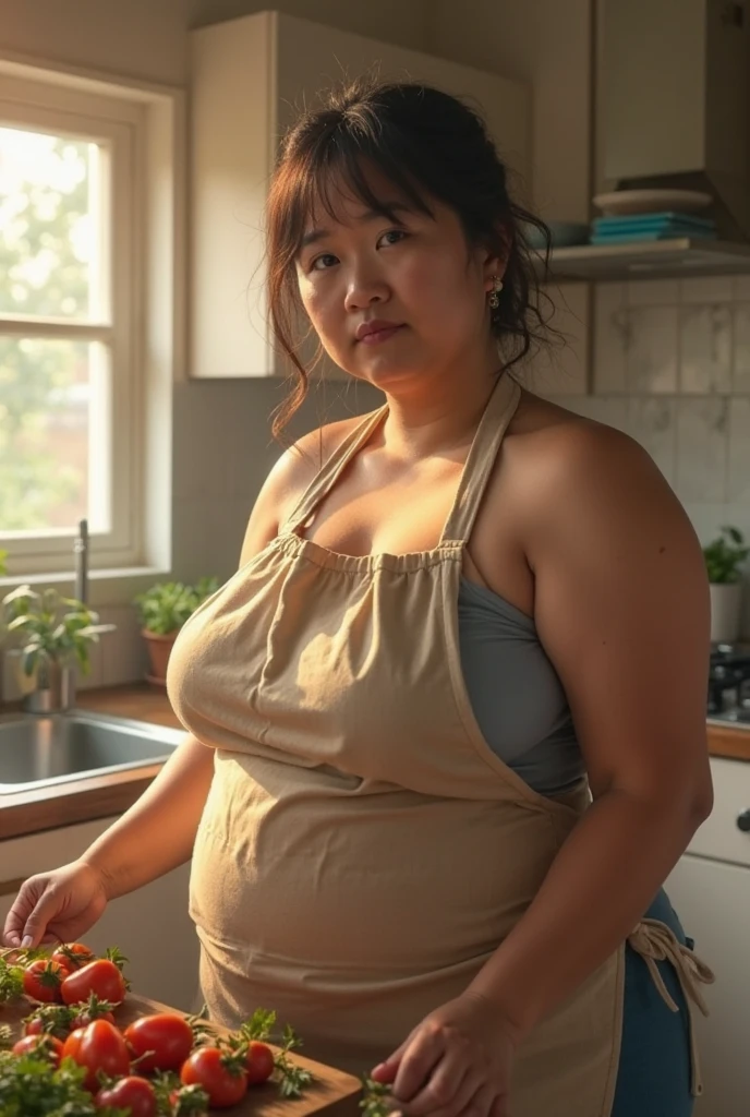 A beatiful indonesian woman, slightly plump, only wearing an apron without shirt, is cooking in the kitchen. The kitchen atmosphere is a background detail. look at the viewer, natural light, realistic photography, wide angle shot.