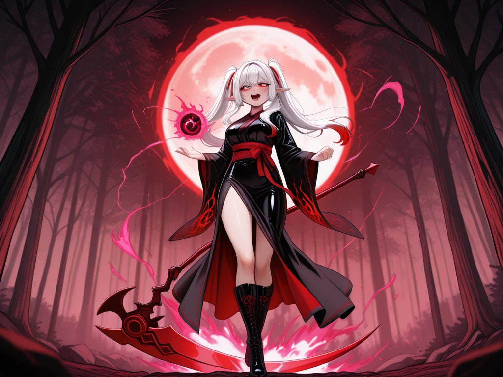 ULTRAREALISM, illustrative realism,  epic fantastic art with magical creatures and lush landscapes , a full body girl, Alone , hair over the shoulder, mirando al espectador,   beautiful face,  with delicate features  , soft leather kimono,  and a captivating look at the anime style , BRAKE unleashing a fiery explosion of crimson energy towards its enemy a dramatic battle scene, screaming with an open mouth, masterpiece, best quality, very aesthetic, absurdres newest, safe, expressive eyes, perfect face Adult Elf girl red eyes, white hair, white eyelashes, extra very long twin pigtails, black dress with red, medium breasts, red ribbons hair, portrait, happy face, TAK _TAK . red scythe, detailed background, dark forest with red moon, Red energy, red aura launching a ball of crimson energy, black long boots,