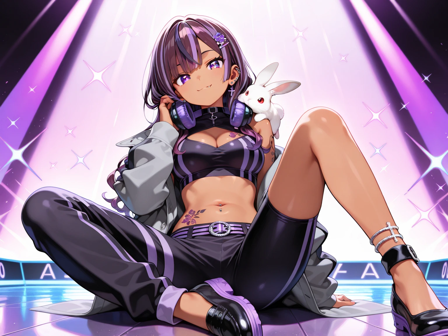 Short brown hair with lavender clips.  She is wearing a short white dress with light purple trim and floral sequins in light purple with purple rubber bracelets, light purple pants and white sneakers with purple laces