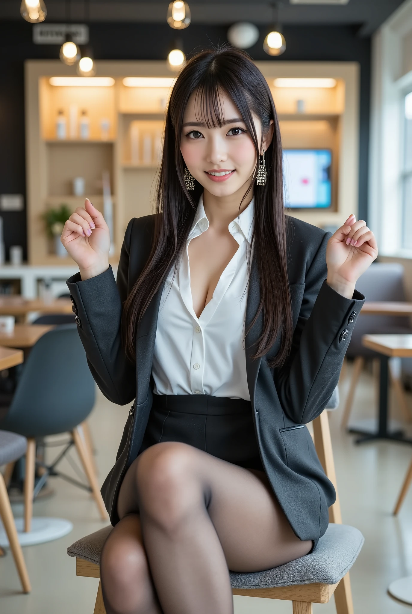 One Girl, alone, pantyhose, Brown Hair, squat, Brown eyes, skirt, View your viewers, Pencil skirt, OL, Jacket, indoor, Long Hair, shirt, bangs, Black jacket, blush, White shirt, black skirt, Hair between the eyes, Long sleeve, put your hand on your face, Lips parted, Small breasts, Brown pantyhose, suit, Large Breasts, Cleavage, formal, smile, Black pantyhose, Open your mouth, Put your hand on your cheek, Beautiful girl ,In 8K, 超A high resolution,RAW Photos, (Tabletop:1.2), (highest quality:1.2), Realistic, Photorealistic, Sharp focus,Professional、Nogizaka Idol、Korean Idol、Gravure idol pose、、Age 25、expensive, Glamour、side、